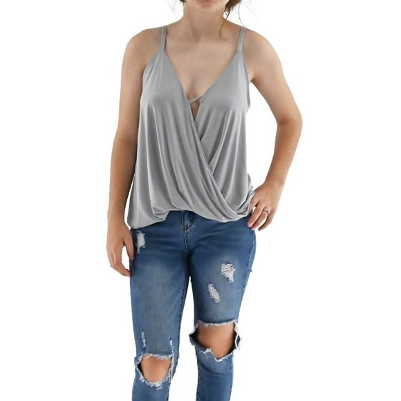 LULUS Womens Sz S Grey Silver Surplice Neck V-Back Sleeveless Draped Top Keyhole